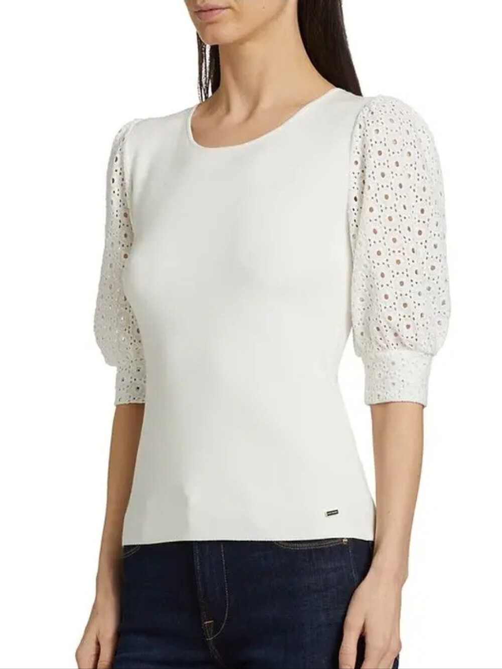 NWT Eli Tahari Lainey Mixed Media White Knit Eyelet Puff-Sleeve Top Sz Large